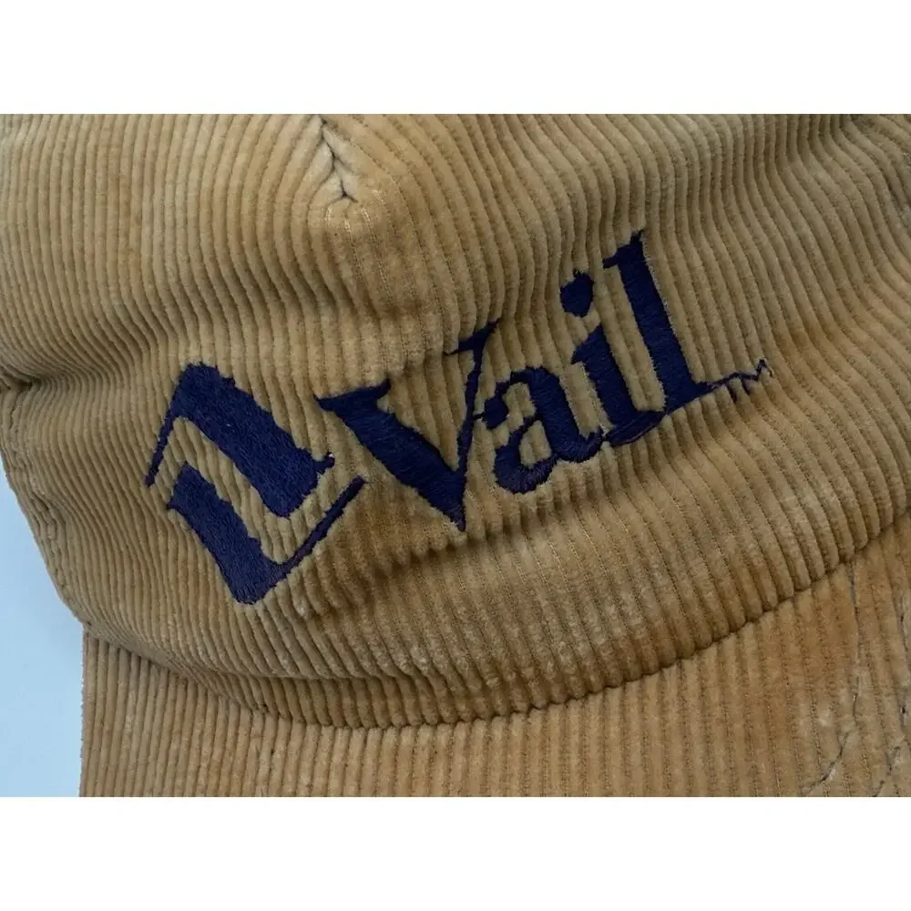 Vintage Vail Corduroy Snapback Hat Tan Leather Strap Cap Made in Taiwan USA